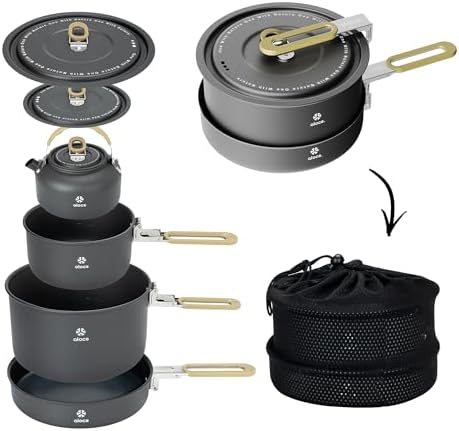 ALOCS Camping Cookware Portable Non-Stick Mess Kit with Foldable Handle by Alocs