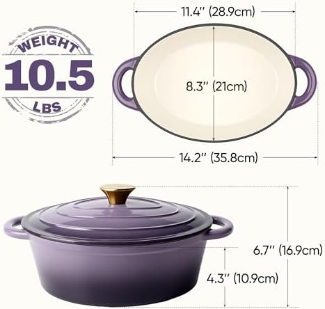 Oval Dutch Oven for Bread Baking, 4.5 Quart Non Stick Enameled Cast Iron Dutch Oven Pot with Lid, Oven Safe Oval Casserole with Lid up to 500°F for Baking, Braising, Stews, Roasting, Purple - Image 3
