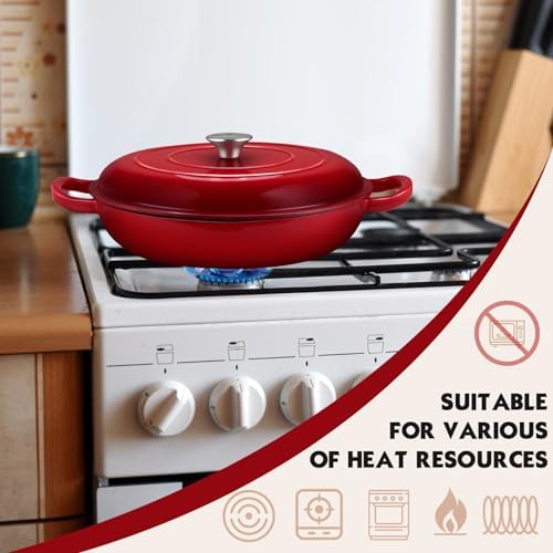 Overmont Enameled Cast Iron Dutch Oven - 3.8 QT Shallow Braiser with Recipe - Image 6