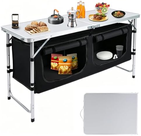 Camping Table with Storage, Portable Lightweight 3 Height Adjustable for Outdoor,Black by Pnbfhn