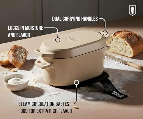 Kook Oval Dutch Oven, for Bread Baking, Sourdough Loaf Pan, Dual Handles, Enameled Cast Iron, with Sling, Dishwasher Safe, 3.4 Qt, Ivory - Image 4