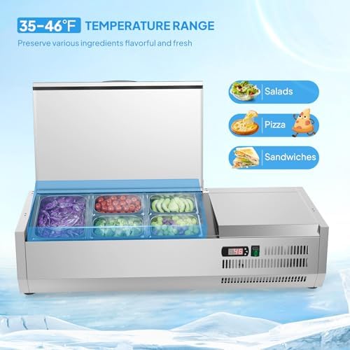ROVSUN Refrigerated Condiment Prep Station, 40" Sandwich Prep Table ETL NSF, 18QT Salad Bar Prep Rail w/Auto Defrost, Temp Control, Stainless Steel Cover, 1/3 Pan & 4 1/6 Pan for Restaurant Food Truck - Image 4