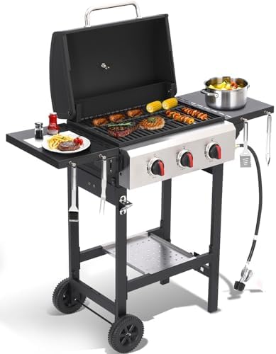 Propane Gas Grill with Folding Side Tables, 3-Burner Gas Grill with Cast Iron Grates and Stainless Steel Griddle Pan, Outdoor BBQ Grill Portable with Wheels 30,000 BTU Output by Unknown