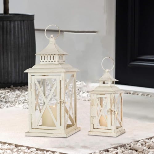 Lanterns Decorative Outdoor&Indoor, Set of 2 (14"&10") Beige Metal Lantern Decor with Glass, Candle Holder for Porch, Patio, Garden, Balcony, Wedding, Table Centerpiece - Image 3