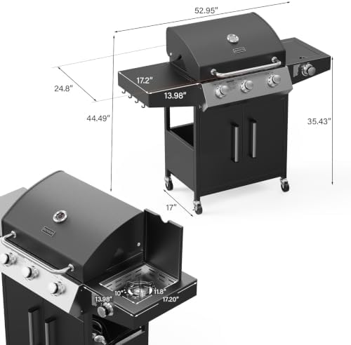 ROVSUN 3 Burner Propane Gas Grill with Side Burner, 46,000BTU BBQ Grills with Enameled Cast Iron Grates, Shelf & Cabinet for Outdoor Garden Patio Backyard Barbecue Cooking - Image 6