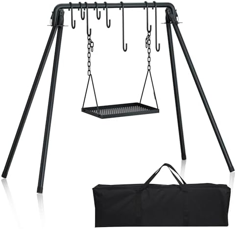 RELIANCER Grill Swing,Campfire Grill Cooking Stand w/8 Hooks & Storage Bag,Cast Iron BBQ Party Swing Grilling Cooking Rack,Outdoor Picnic Camping Cookware Hanging Rack,Collapsible Bonfire Barbecue Set by RELIANCER