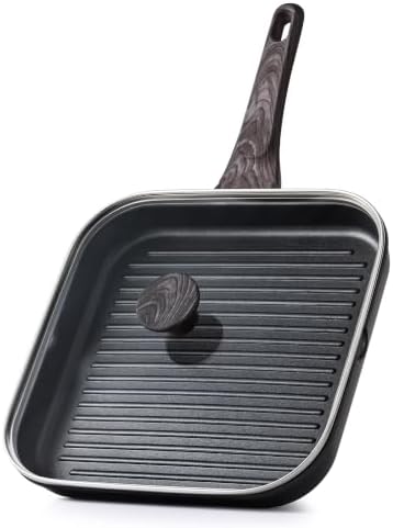 SENSARTE Nonstick Grill Pan with Lid, Grill Pan for Stove Tops, Versatile Griddle with Pour Spouts, Square Big Cooking Surface, Durable Skillet Indoor & Outdoor Grilling. PFOA Free, 9.5 Inch by SENSARTE