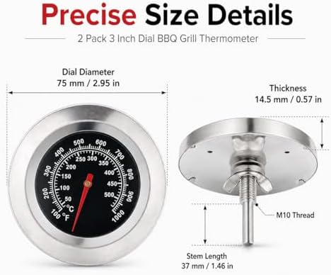 2 Pack 3 Inch Dial BBQ Grill Thermometer, M10 Thread Stainless Steel Temp Gauge -100°F to 1000°F(50°C-500°C), Lid Mount Temperature Indicator for Charcoal Smoker, Barbecue Pit & Outdoor Cooking Grills - Image 2
