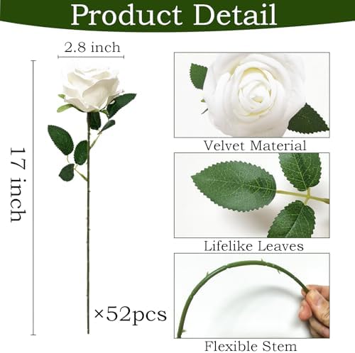 100Pcs White Roses Artificial Flowers with Stems，Fake Roses Bouquet Fake Flowers Bulk，Silk Velvet Roses for Wedding Centerpieces Arrangement Baby Shower Birthday Home Decor Gifts - Image 4