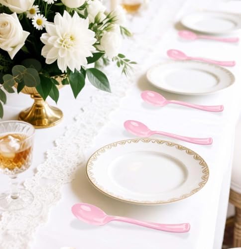 SietDESEO 25 PCS Light Pink Plastic Spoons Disposable Utensils Heavy Duty Baby Pink Spoons Disposable Cutlery for Birthday Wedding Baby Shower Bridal Shower Plastic Silverware - Image 6