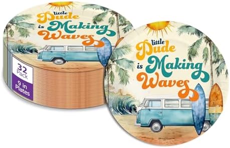 Birthday Galore Little Dude Making Waves Surfing Baby Shower - 32 Piece Disposable Party Supplies - Surfer Baby Shower Decorations - Round Party Plates - Large 9" Paper Plates In Bulk by BirthdayGalore