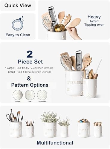 LE TAUCI Kitchen Utensil Holder Set of 2 - 6.9"+5.3" Large Ceramic Cooking Utensil Crock & Organizer for Spatula, Spoon, Whisk - Farmhouse Countertop Storage, Arctic White, Embossed, Bee - Image 3