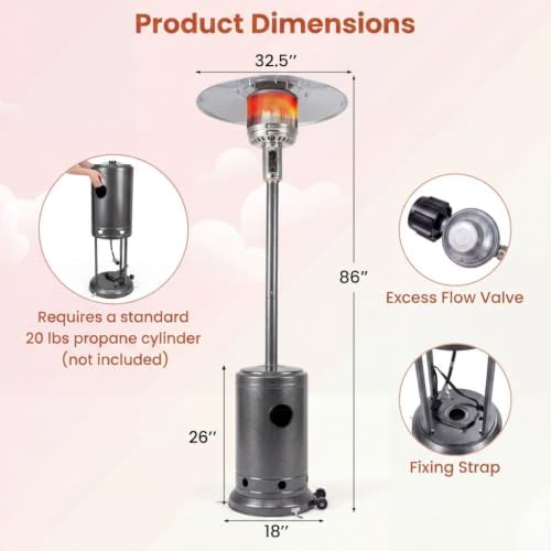 COSTWAY Outdoor Patio Heater, 47476 BTU Propane Heater with Stainless Steel Burner and Wheels, Triple Protection System, Standing Portable Outside Heater for Porch, Deck, Home and Commercial, Grey - Image 5
