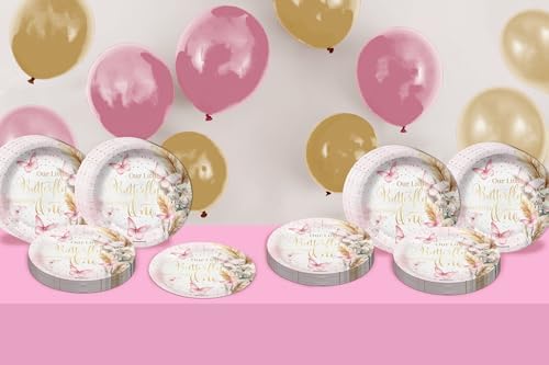 Butterfly Girl's First Birthday - 32 Piece Disposable Party Supplies - Decorations for Floral 1st Birthday Round Party Plates - Large 9" Paper Plates In Bulk - Image 6