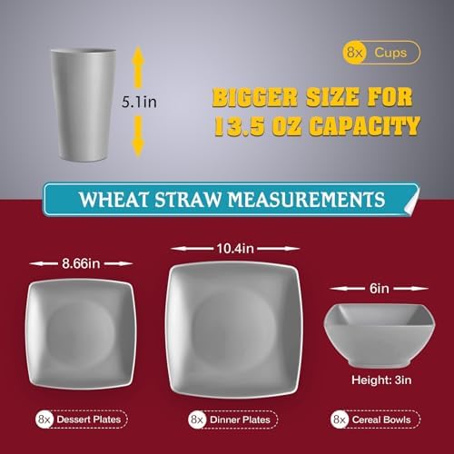 Teivio 32-piece Plastic Wheat Straw Square Dinnerware Set for 8, Unbreakable Dinner Plates, Salad Plates, Snack Bowls, Tumblers, Dishwasher Safe, Light Gray - Image 2