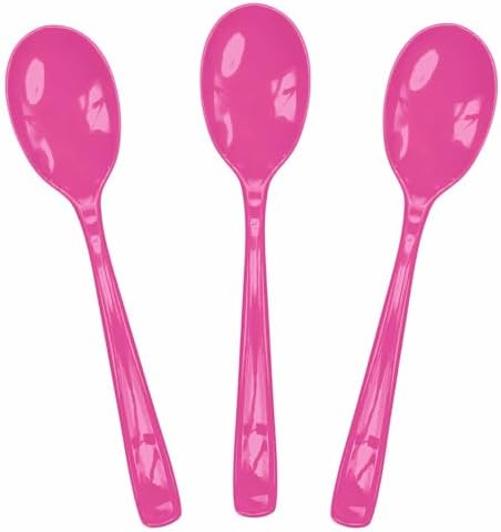 SietDESEO 25 PCS Hot Pink Plastic Spoons Disposable Utensils Heavy Duty Hot Pink Spoons Disposable Cutlery for Birthday Wedding Baby Shower Bridal Shower Plastic Silverware by SietDESEO