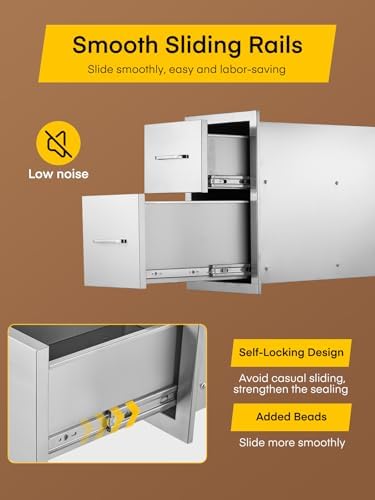 FOHERE Outdoor Kitchen Drawers Stainless Steel 2-Drawer 13" W x 20.5" H x 20.9" D, Built-in Drawer Flush Mount Double BBQ Access Drawers for BBQ Islands and Patio Grill Areas - Image 4