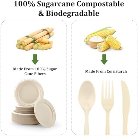 Compostable Paper Plates Set, 250PCS Disposable Heavy-Duty Sugarcane Plate - Image 4