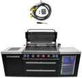Mont Alpi Premium 94"W x 23"D x 46"H Black Stainless Steel Outdoor Kitchen Island with Refrigerator + 44"W 6-Burner BBQ Natural Gas Ready Grill + Granite Countertops + Storage + Rotisserie Kit + Cover by MontAlpi