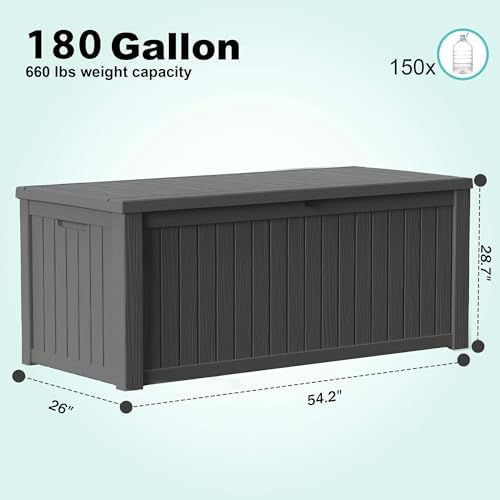 180 Gallon Outdoor Deck Box, Lockable Waterproof Outdoor Storage Boxes For Garden Tools,Indoor Cushions,Accessories Outside Storage Resin Weatherproof Container(Black) - Image 2