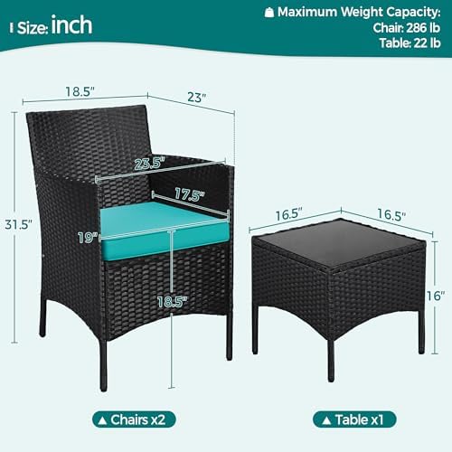 Yaheetech 3 Pieces Patio Conversation Set, Chairs & Side Table, Black/Cyan - Image 3