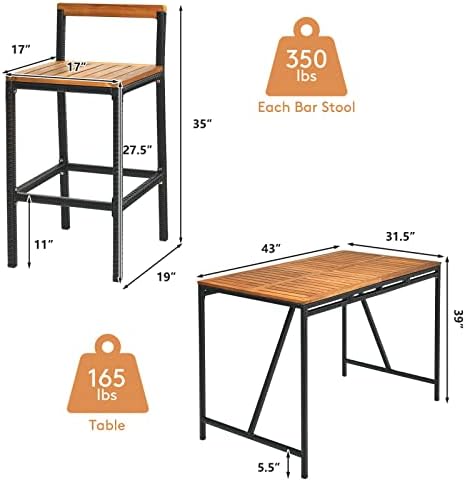 HAPPYGRILL 5 Pieces Patio Bar Table Set with Umbrella Hole Acacia Wood High-Dining Bistro Set with 4 Bar Stool, PE Wicker Outdoor Bar Set - Image 7