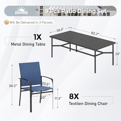SUNSHINE VALLEY 9pc Patio Dining Set, 83" Metal Table & 8 Blue Chairs - Image 2