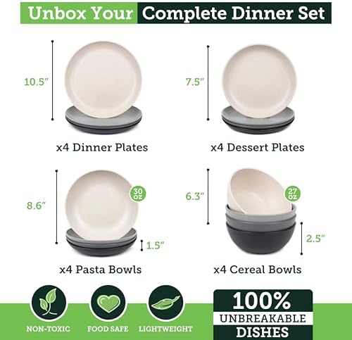 Grow Forward 16-piece Premium Wheat Straw Dinnerware Sets for 4 - Unbreakable Dishwasher & Microwave Safe Plastic Plates and Bowls Sets - Patio, Outdoors, RV, Camping Dishes - Moonlight - Image 3
