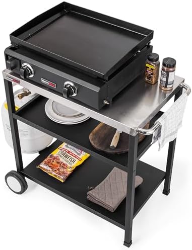 OuterMust Outdoor Grill Table, Triple-Shelf Movable Outdoor Kitchen Island with Wheels and Tank Holders for Pizza Oven, Silver & Black - Image 4