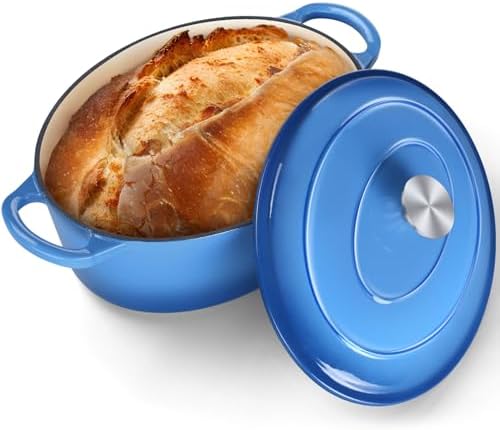 P&P CHEF Oval Dutch Oven with Lid, Enameled Cast Dutch Oven Pot for Bread Baking, Braising, Stewing, Roasting, Non-Stick & Oven Safe, Dual Handles & Easy Clean, 7QT & Blue, Valentine's Day by PPCHEF