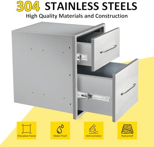 Outdoor Kitchen Drawers 14" W x 21" H x 21" D Flush Mount Double BBQ Drawers with Chrome Handle Stainless Steel Drawer for Outdoor Kitchen Island, Patio Grill Station - Image 3