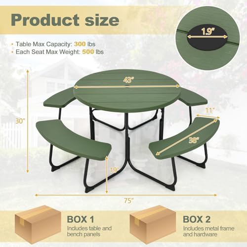 Tangkula 8 Person Round Picnic Table with 4 Built-in Benches, Green - Image 3