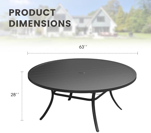 Outdoor Dining Table for 8, 63" Round Outdoor Table with Adjustable Umbrella Hole, All-Weather Metal Patio Dining Table for Lawn Garden Backyard Deck, Black - Image 2