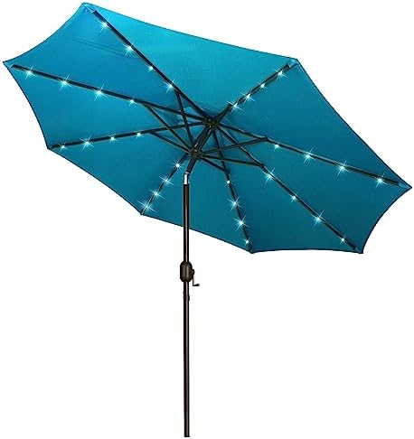 Blissun 9 ft Solar Umbrella 32 LED Lighted Patio Umbrella Table Market Umbrella with Tilt and Crank Outdoor Umbrella for Garden, Deck, Backyard, Pool and Beach (Cerulean) by Blissun