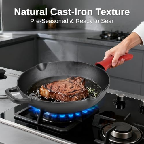 10 Inch Cast Iron Skillet with Glass Lid, Pre-Seasoned Frying Pan - Image 4