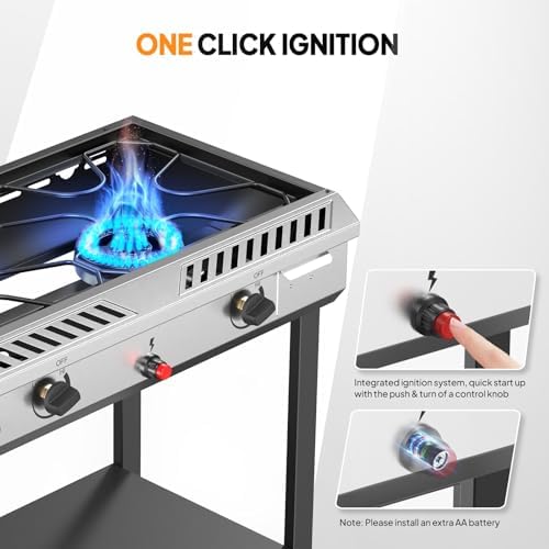 Bonnlo 2 Burner Propane Gas Stove with Auto Ignition, 150,000 BTU Portable Outdoor Camp Cooker Stove with Convenient Shelf & Smooth Rolling Wheels for Backyard, Camping, Tailgating, Patio Parties - Image 3