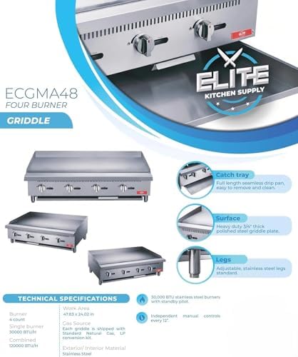 Commercial Countertop Griddle, ETL 48" Flat Top Grill Natural Gas (NG) / Propane, 4 Burners - 120000 BTU - Image 2