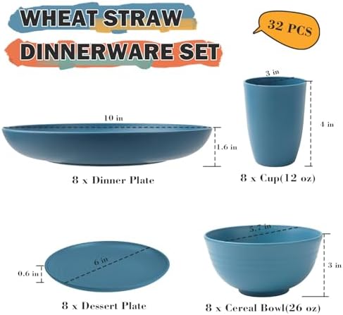 Wheat Straw Dinnerware Sets, 32 PCS Dishes Set for 8, Unbreakable Lightweight Reusable Plates and Bowls Sets for Kitchen Outdoors RV Camping Patio, Dishwasher & Microwave Safe - Blue - Image 2