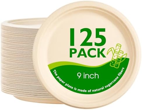 9 Inch Compostable Paper Plates 125 Pack by PACKINNO