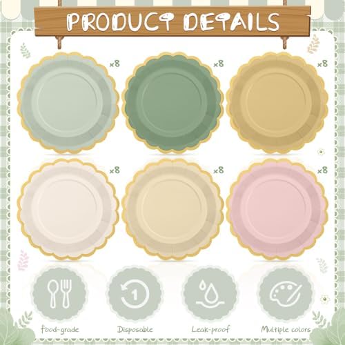 48 Pcs Sage Paper Plates 9 Inch Scalloped Sage and Pink - Image 3