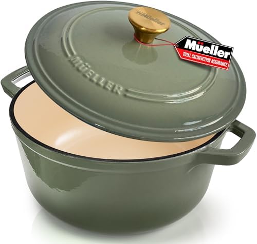 MUELLER HOME 7.5 Quart Enameled Cast Iron Dutch Oven For Sourdough Bread Baking, Heavy-Duty, Oven-Safe up to 500° F & Across All Cooktops, Casserole Dishes, Green Kitchen Accessories, Thyme Green by MUELLERHOME