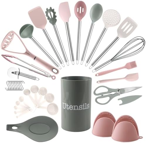 COOK WITH COLOR Silicone Cooking Utensils, Kitchen Utensil Set, Easy to Clean Silicone Kitchen Utensils, Cooking Utensils for Nonstick Cookware, Kitchen Gadgets Set, 38 Piece, Mint by CookwithColor