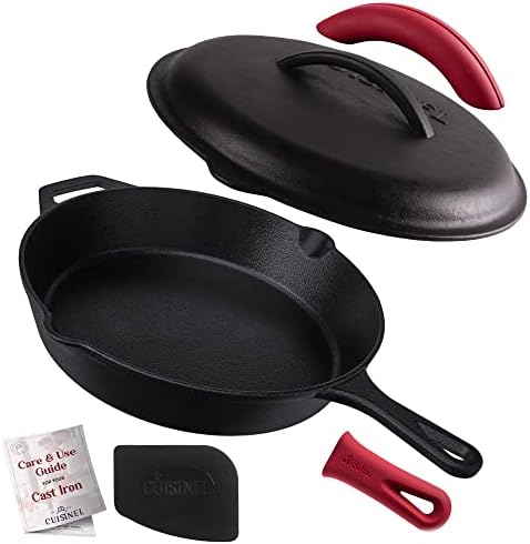 Cuisinel Cast Iron Skillet with Lid - 12"-inch Pre-Seasoned Covered Frying Pan Set + Silicone Handle & Lid Holders + Scraper/Cleaner - Indoor/Outdoor, Oven, Stovetop, Camping Fire, Grill Safe Cookware by Cuisinel