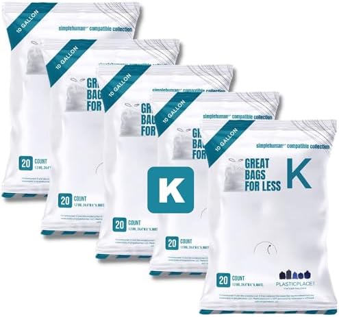 Plasticplace Custom Fit Trash Bags, Compatible with simplehuman Code K Packs, White Drawstring Garbage Liners 10 Gallon, 24'' x 28'' (20 Count/5 Pack) by Plasticplace