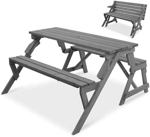 Best Choice Products 2-in-1 Transforming Interchangeable Outdoor Wooden Picnic Table Garden Bench for Backyard, Porch, Patio, Deck w/Umbrella Hole - Gray by BestChoiceProducts