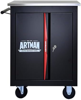 Double-Door Heavy-Duty Rolling Steel Tool Cart with Handle&Wheels, Metal Storage Organizer Cabinet, Tool Chest for Efficient Tool Storage in Garage, Warehouse, Workshop, Repair Shop, Black&RED by Unknown