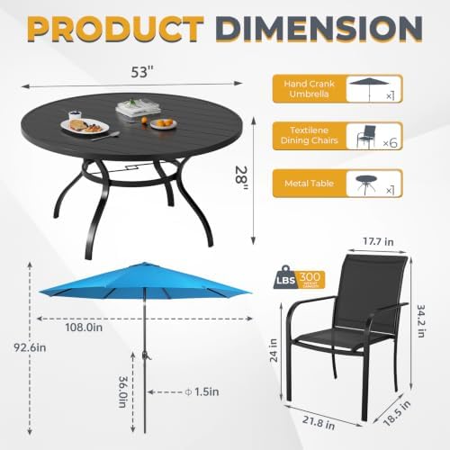 Incbruce 8 PCS Patio Dining Set with Sky Blue Umbrella, Outdoor Dining Set of 6 Textilene Chairs and 53" Round Table with Umbrella Hole for Backyard, Garden, and Poolside (Black) - Image 3