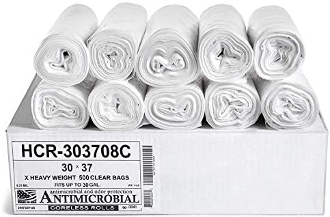 Aluf Plastics HCR-303708C High Density Star Sealed Coreless Roll Bags, 30 gal, Polyethylene, 30" x 37", Clear (1 Pallet of 100 Packs, 50000 Count Total) by AlufPlastics