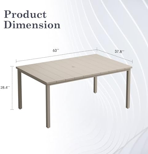 Outdoor Dining Table for 6, 63" Rectangle Outdoor Table with Adjustable Umbrella Hole, All-Weather Metal Patio Dining Table for Lawn Garden Backyard Deck, Sandshell - Image 2