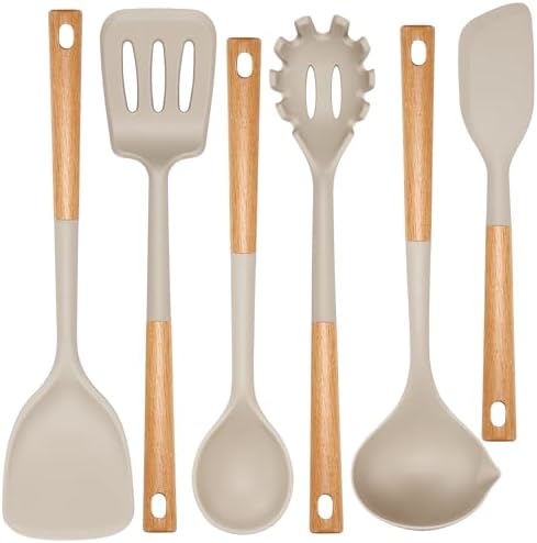 NCUE 6-Pcs Silicone Kitchen Utensils Set Wood Handle BPA-Free Food Grade by NCUE